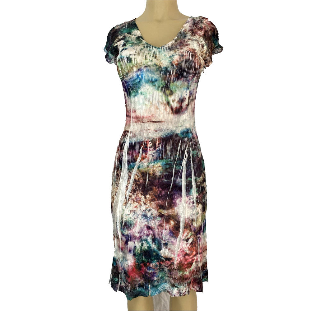 NWT Komarov Dress Knee V Neck Cap sleeve Lace Fit Flare Satin Multi Dot Knee L